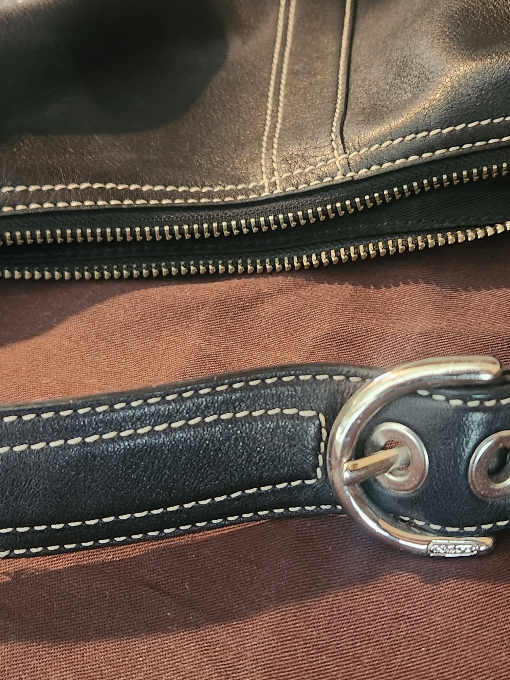 Coach Black Leather Hobo with White Contrast Stitching - Picture 5 of 6